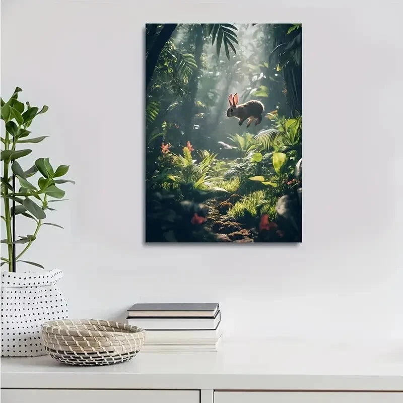 Dreamlike Jungle Scene with Joyful Rabbit 40x60cm Metal Print Ready to Hang - Bella Home Decor