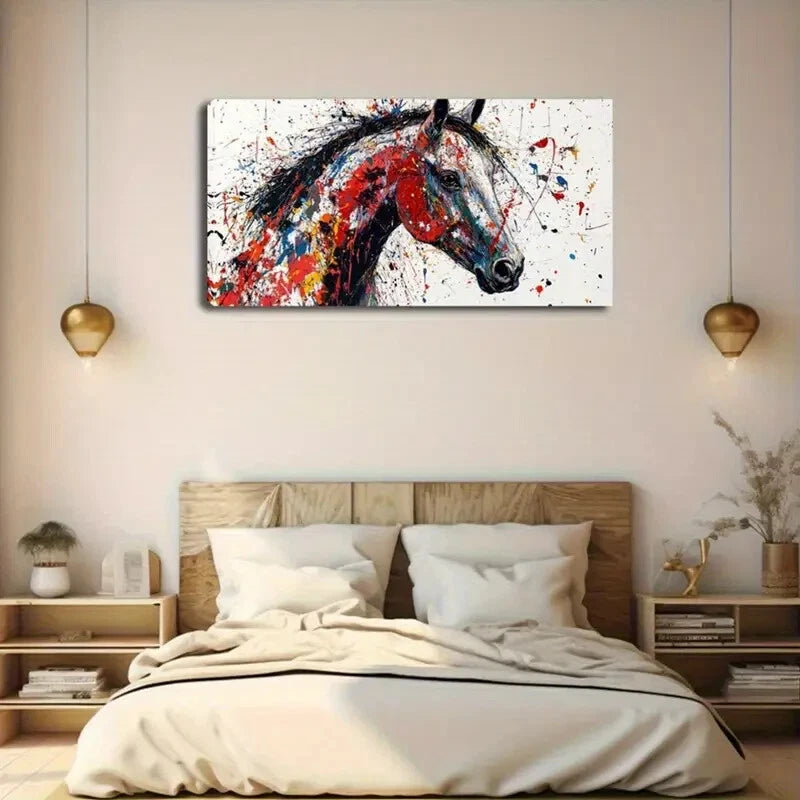Vibrant Splatter Horse Design Wall Art Canvas Office Home Room Framed 120x60cm - Bella Home Decor