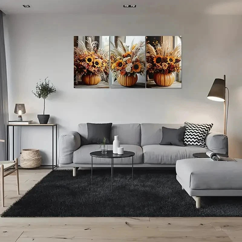 3pcs Autumn Harvest Pumpkin Vase with Sunflowers Metal Print Ready to Hang Art - Bella Home Decor
