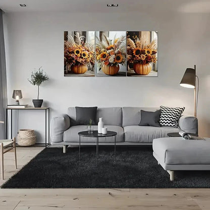 3pcs Autumn Harvest Pumpkin Vase with Sunflowers Metal Print Ready to Hang Art - Bella Home Decor