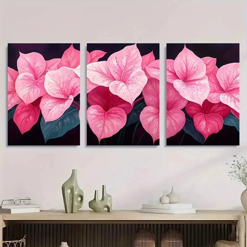 3pcs Tropical Pink Caladium Plants Perfect Wall Art Set Canvas Framed 50x70cm - High Quality Print 100% Australian Made Wall Canvas Ready to Hang