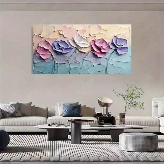 Textured Flowers Soft Pastel Wall Art Canvas Office Home Room Framed 120x60cm