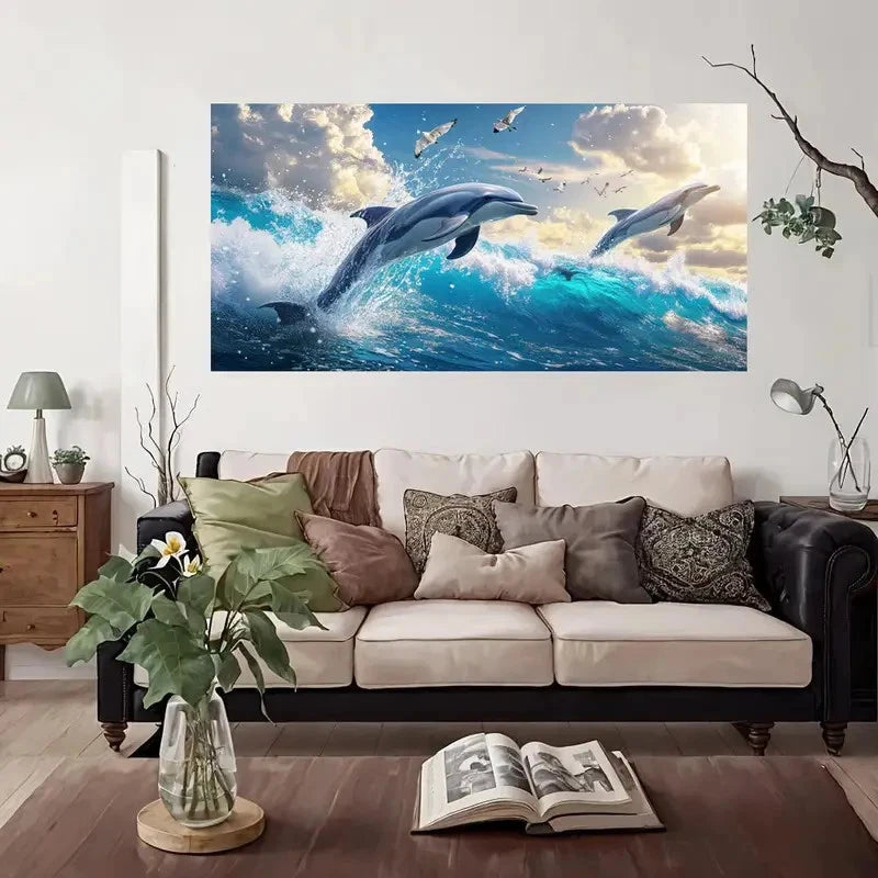 Dolphins Ocean Enjoy Wall Art Canvas Office Home Room Framed 120x60cm