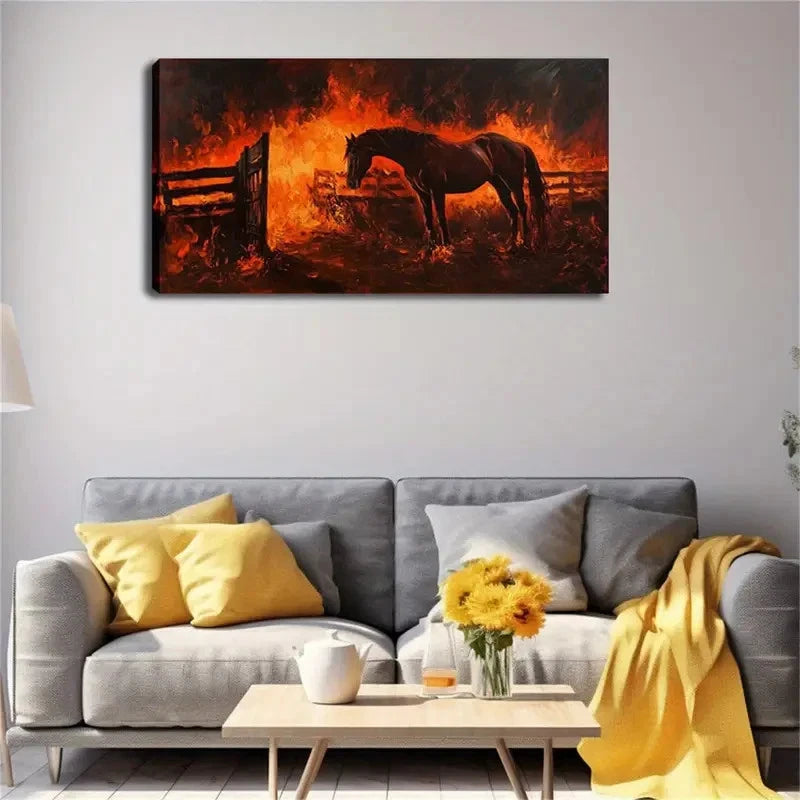 Dramatic Horse & Flames Design Wall Art Canvas Office Home Room Framed 120x60cm