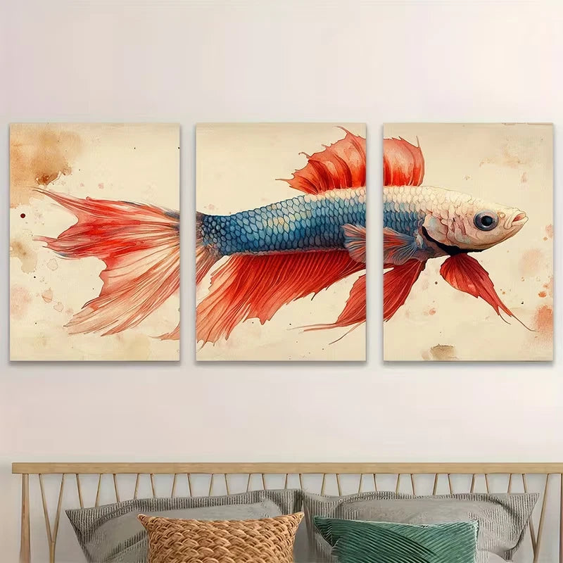 3pcs Aquarell white Betta Fish Painting Metal Print Ready to Hang Art - Bella Home Decor
