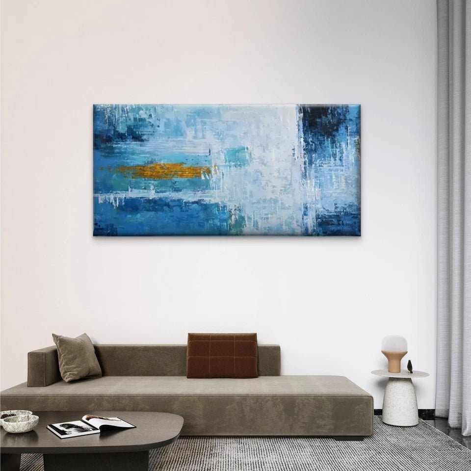 Blue & White Abstract Modern Wall Art Canvas Office Home Room Framed 120x60cm