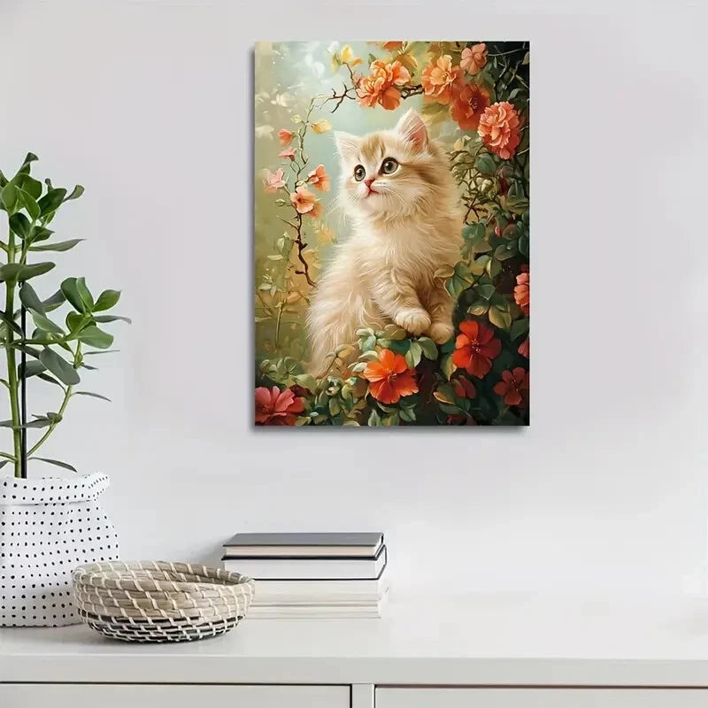 Cute Persian Kitten with Flowers Painting  40x60cm Metal Print Ready to Hang - Bella Home Decor