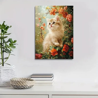 Cute Persian Kitten with Flowers Painting  40x60cm Metal Print Ready to Hang - Bella Home Decor