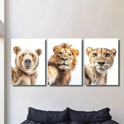 3pcs Bear Lion & Leopard Taking Selfie  Wall Art Set Canvas Unframed - High Quality Print 100% Australian Made Wall Canvas - Bella Home Decor