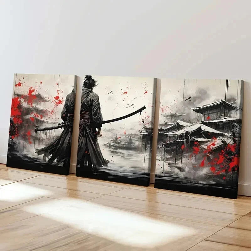 3pcs Japanese Style Sakura Tree Samurai Wall Art Set Canvas Framed 50x70cm - High Quality Print 100% Australian Made Wall Canvas Ready to Hang - Bella Home Decor