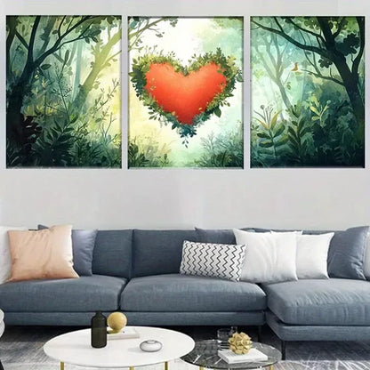 3pcs Nature Lush Forest Heart-Shaped Foliage Wall Art Canvas Unframed - High Quality Print 100% Australian Made Wall Canvas