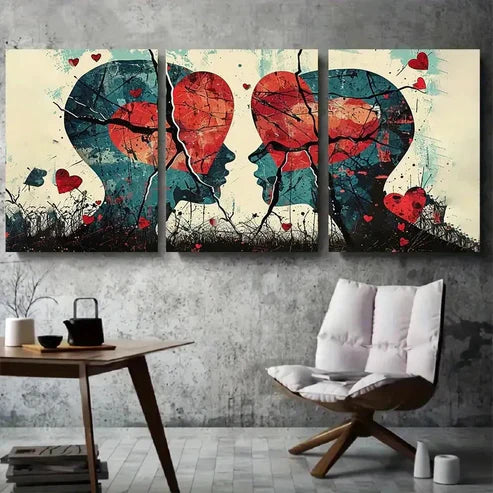 3pcs Abstract Emotional Broken Heart Faces Wall Art Set Canvas Unframed - High Quality Print 100% Australian Made Wall Canvas - Bella Home Decor