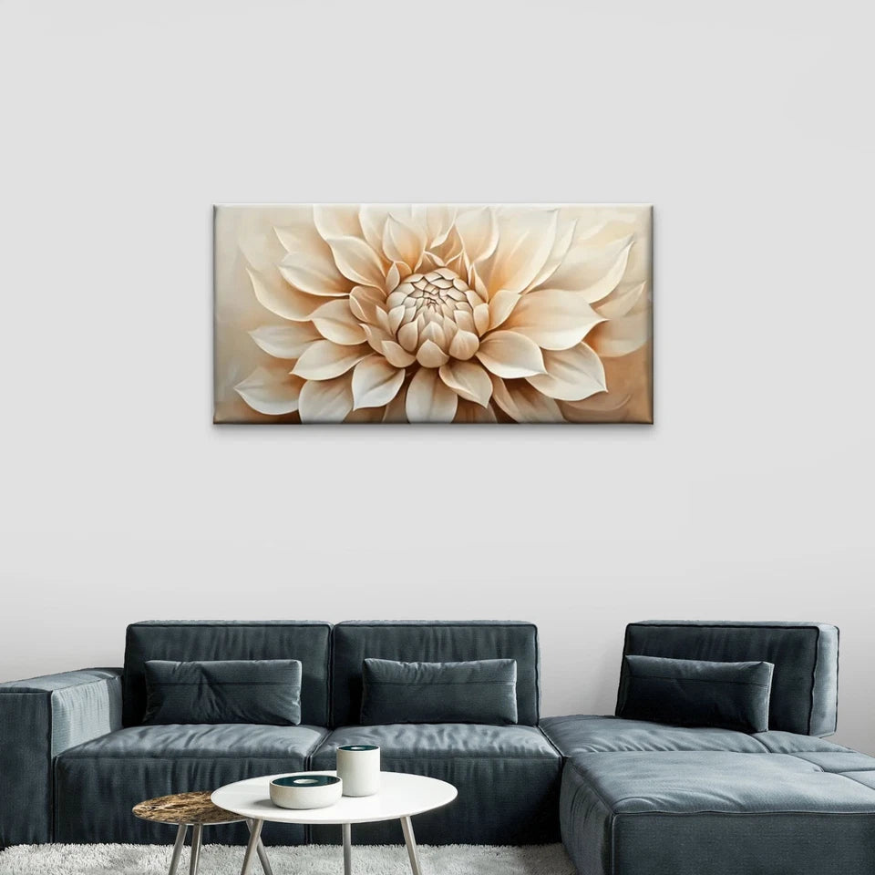White Flowers Beige Wall Art Canvas Office Home Room Framed 120x60cm - Bella Home Decor