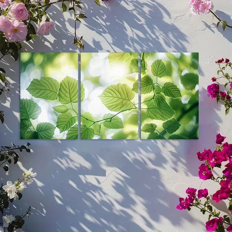 3pcs Close Up of Green Leaves with Lens Flare Metal Print Ready to Hang Art - Bella Home Decor
