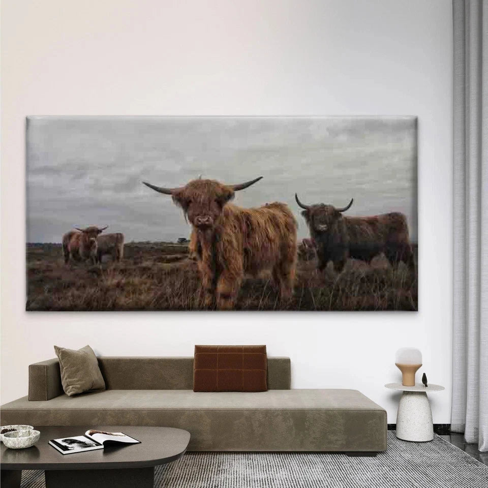 Highland Cows in a Field Wall Art Canvas Office Home Room Framed 120x60cm