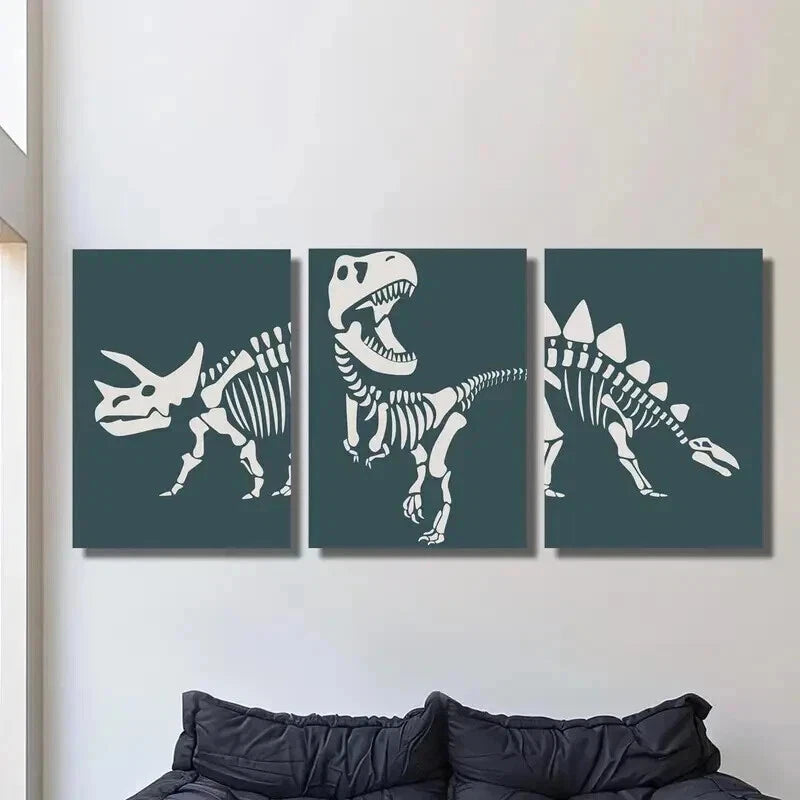 3pcs Dinosaur Triceratops Skeleton Outline Wall Art Set Canvas Framed 50x70cm - High Quality Print 100% Australian Made Wall Canvas Ready to Hang
