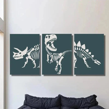 3pcs Dinosaur Triceratops Skeleton Outline Wall Art Set Canvas Framed 50x70cm - High Quality Print 100% Australian Made Wall Canvas Ready to Hang