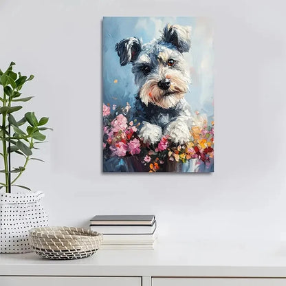 Adorable Schnauzer Puppy with Vibrant Flowers 40x60cm Metal Print Ready to Hang - Bella Home Decor