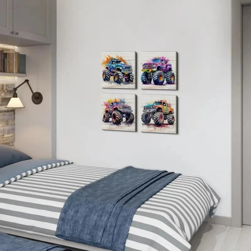 4pcs Vibrant Monster Truck Canvas Wall Art Canvas Framed
