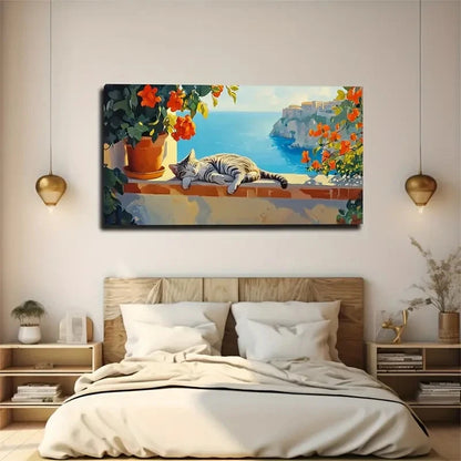 Serene Cat By The Sea Wall Art Canvas Office Home Room Framed 120x60cm