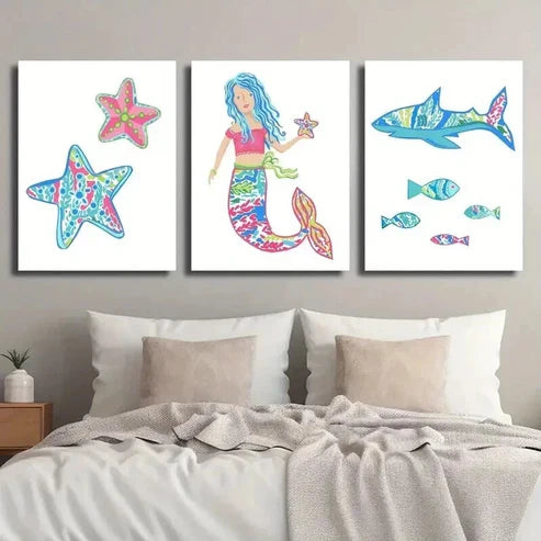 3pcs Cartoon Starfish Mermaid & Shark Wall Art Set Canvas Unframed - High Quality Print 100% Australian Made Wall Canvas - Bella Home Decor