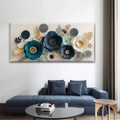 Blue & Teal Floral with Golden Wall Art Canvas Office Home Room Framed 120x60cm