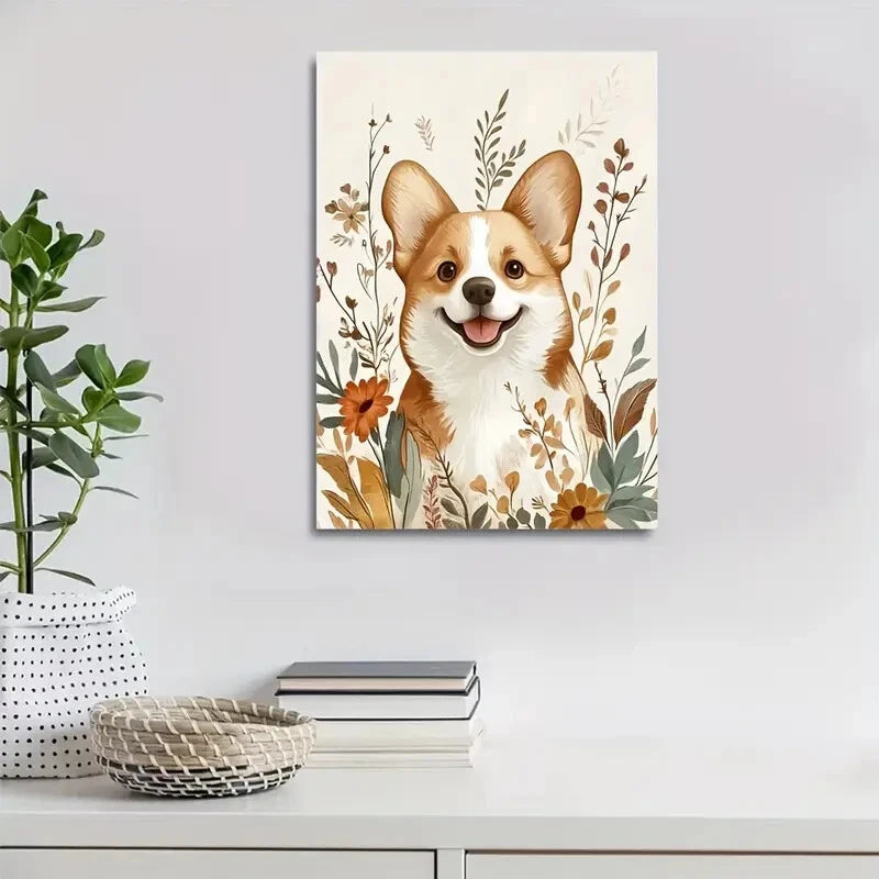 Flowers And Plants Cute Corgi Dog 40x60cm Metal Print Ready to Hang