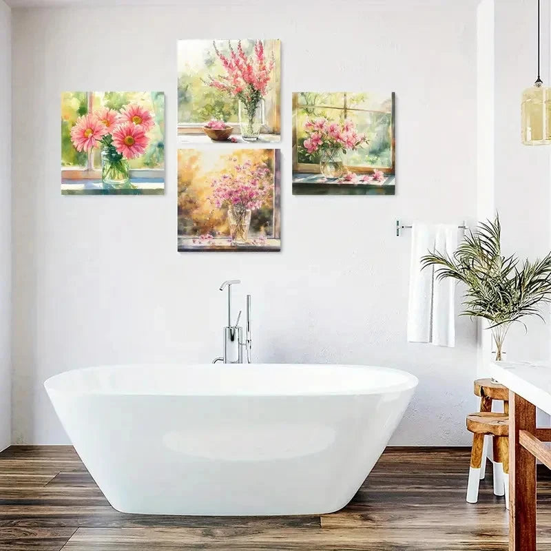 4pcs Vase Poster, Pink Flower Art Prints Wall Art Canvas Framed