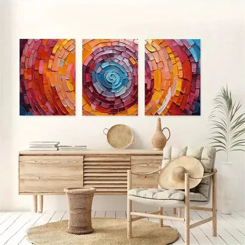 3pcs Vibrant Geometric Stone Brick Circular Canvas Unframed - High Quality Print 100% Australian Made Wall Canvas