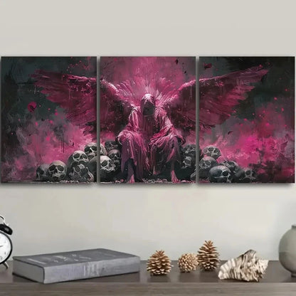 3pcs Angel Falling into BonesPink Wings and Skulls Metal Print Ready to Hang Art - Bella Home Decor