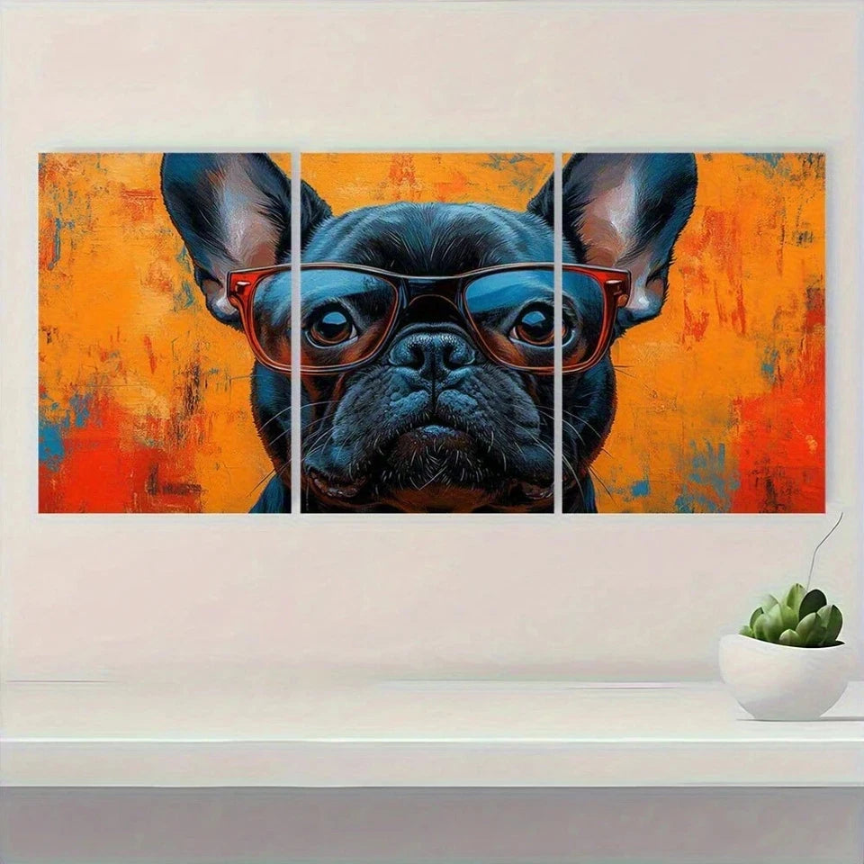 3pcs Abstract French Bulldog with Glasses Metal Print Ready to Hang Art - Bella Home Decor