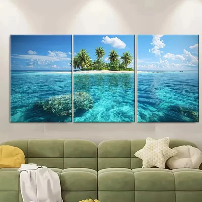 3pcs Turquoise Tropical Island Seascape Wall Art Set Canvas Framed 60x90cm - High Quality Print 100% Australian Made Wall Canvas Ready to Hang