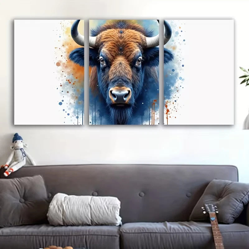 3pcs Abstract Bison Watercolor Painting Wall Art Set Canvas Framed 50x70cm - High Quality Print 100% Australian Made Wall Canvas Ready to Hang - Bella Home Decor