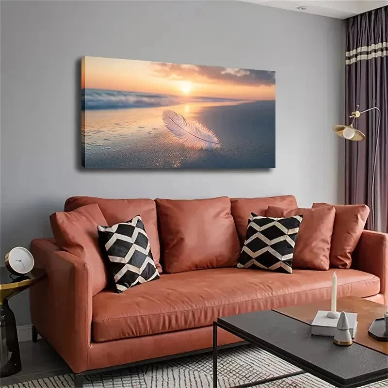 A White Feather Placed Beach Wall Art Canvas Office Home Room Framed 120x60cm - Bella Home Decor