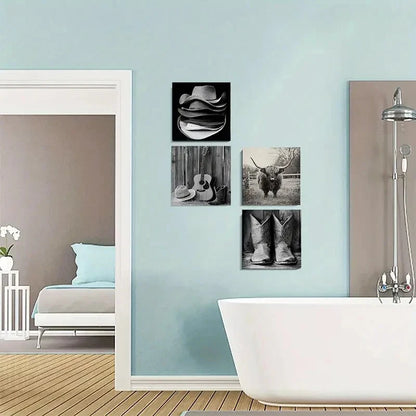 4pcs Highland Cow Print Boots Straw Hat Wall Art Canvas Framed