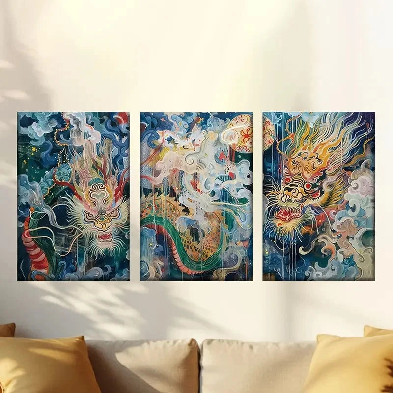 3pcs Colorful Abstract New Year Dragon Wall Art Set Canvas Framed 40x60cm - High Quality Print 100% Australian Made Wall Canvas Ready to Hang - Bella Home Decor