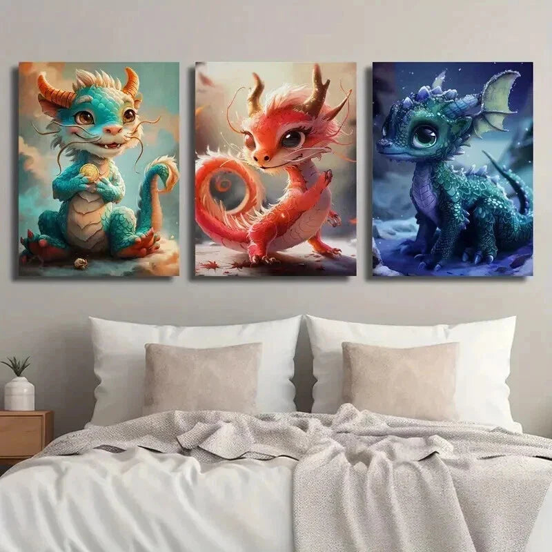 3pcs Cute Little Oriental Fantasy Dragon Wall Art Set Canvas Unframed - High Quality Print 100% Australian Made Wall Canvas - Bella Home Decor