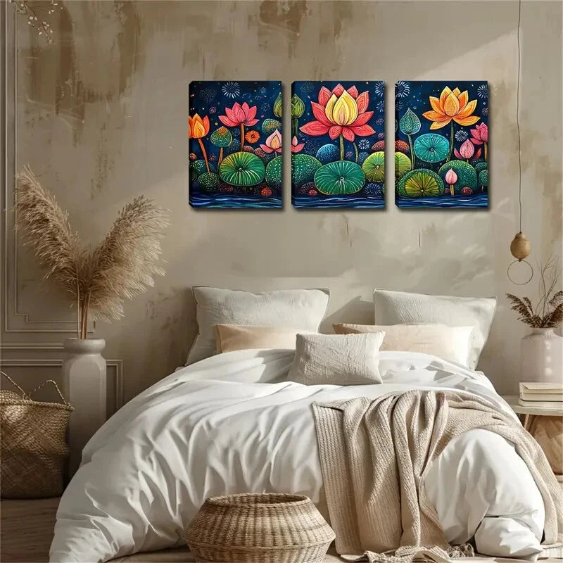 3pcs Colorful Lotus Flowers Triptychs Perfect Wall Art Set Canvas Framed 40x60cm - High Quality Print 100% Australian Made Wall Canvas Ready to Hang - Bella Home Decor
