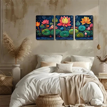 3pcs Colorful Lotus Flowers Triptychs Perfect Wall Art Set Canvas Framed 40x60cm - High Quality Print 100% Australian Made Wall Canvas Ready to Hang - Bella Home Decor