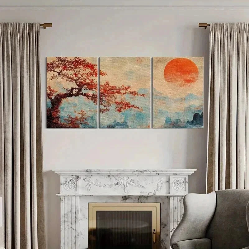 3pcs Vintage Autumn Tree & Sunset Landscape Wall Art Set Canvas Framed 60x90cm - High Quality Print 100% Australian Made Wall Canvas Ready to Hang - Bella Home Decor