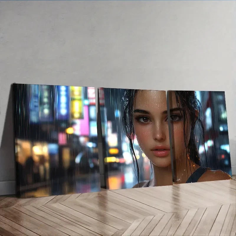 3pcs Night Rain Scene with Brown-Haired Girl Wall Art Set Canvas Framed 60x90cm - High Quality Print 100% Australian Made Wall Canvas Ready to Hang - Bella Home Decor