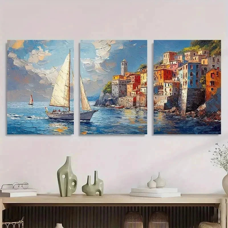 3pcs Vibrant Sailboat & Coastal Town Perfect Wall Art Set Canvas Framed 50x70cm - High Quality Print 100% Australian Made Wall Canvas Ready to Hang