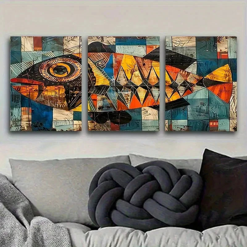 3pcs Mosaic Fish Wall Art Set Canvas Framed 60x90cm - High Quality Print 100% Australian Made Wall Canvas Ready to Hang - Bella Home Decor