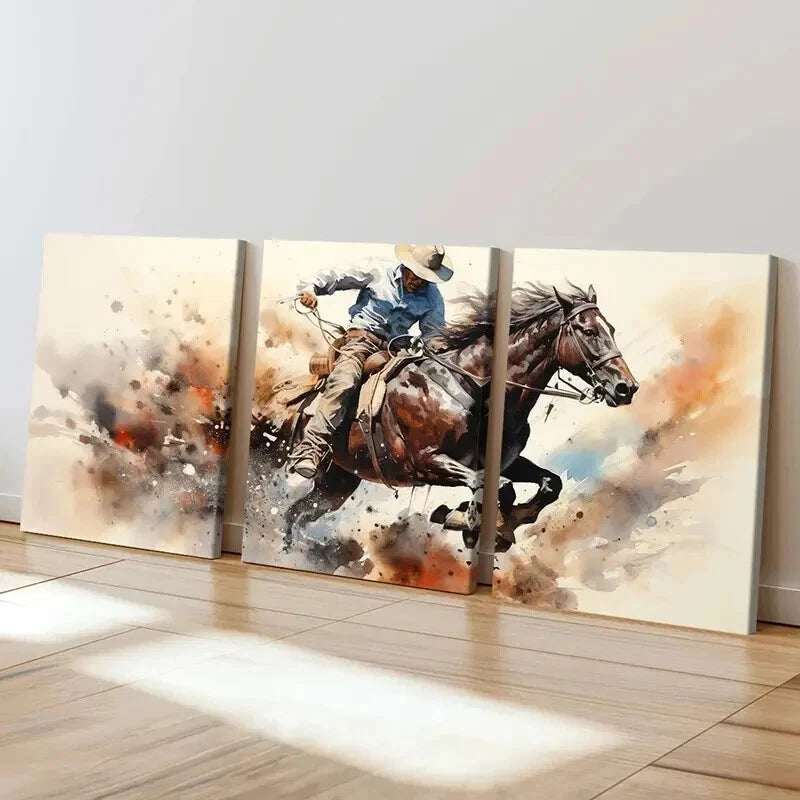 3pcs Abstract Animal Art Cowboy Horse Retro  Wall Art Set Canvas Framed 60x90cm - High Quality Print 100% Australian Made Wall Canvas Ready to Hang - Bella Home Decor