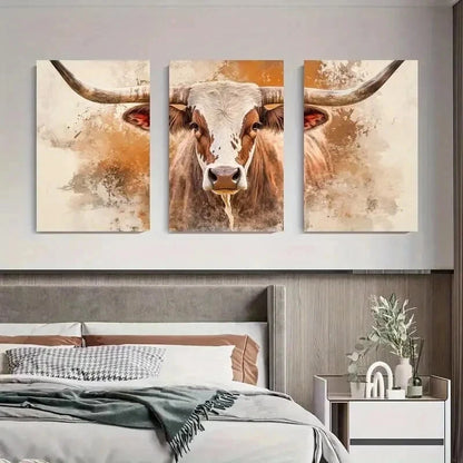 3pcs Rustic Longhorn Cow Décor Modern Perfect Wall Art Set Canvas Framed 50x70cm - High Quality Print 100% Australian Made Wall Canvas Ready to Hang - Bella Home Decor