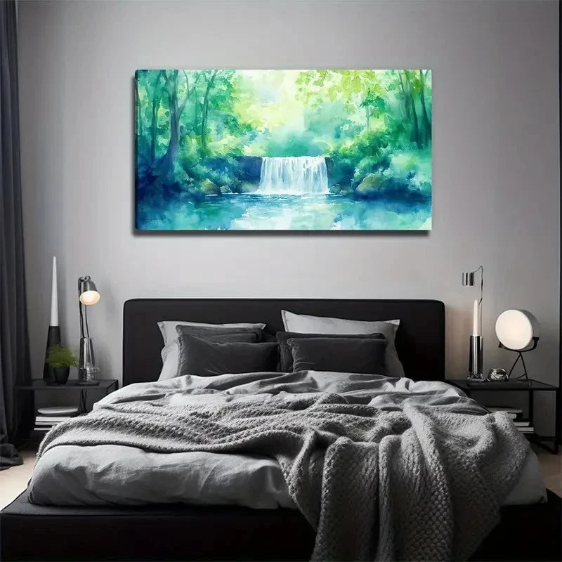 Serene Waterfall & Greenery Wall Art Canvas Office Home Room Framed 120x60cm