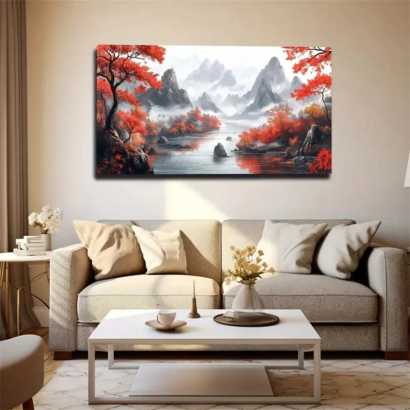 Autumnal Scenery Red Foliage Wall Art Canvas Office Home Room Framed 120x60cm