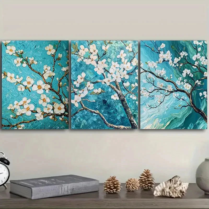 3pcs green and white blossoming Wall Art Set Canvas Framed 60x90cm - High Quality Print 100% Australian Made Wall Canvas Ready to Hang - Bella Home Decor