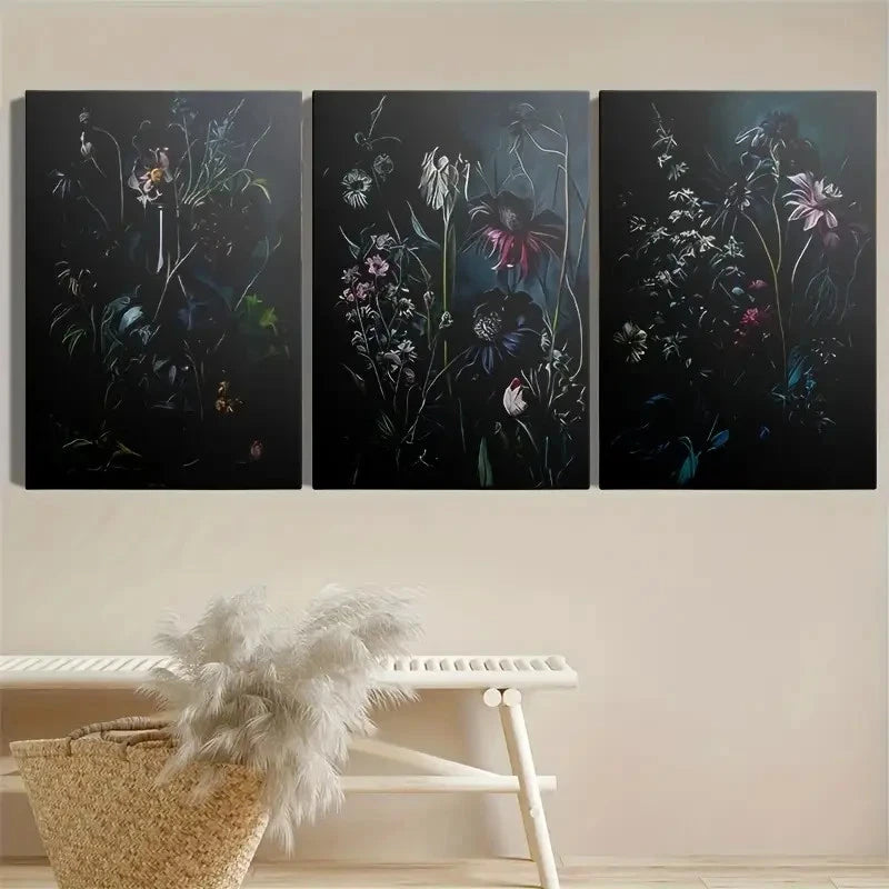 3pcs Dark Blue & Black Botanical Prints Metal Print Ready to Hang Art - Bella Home Decor