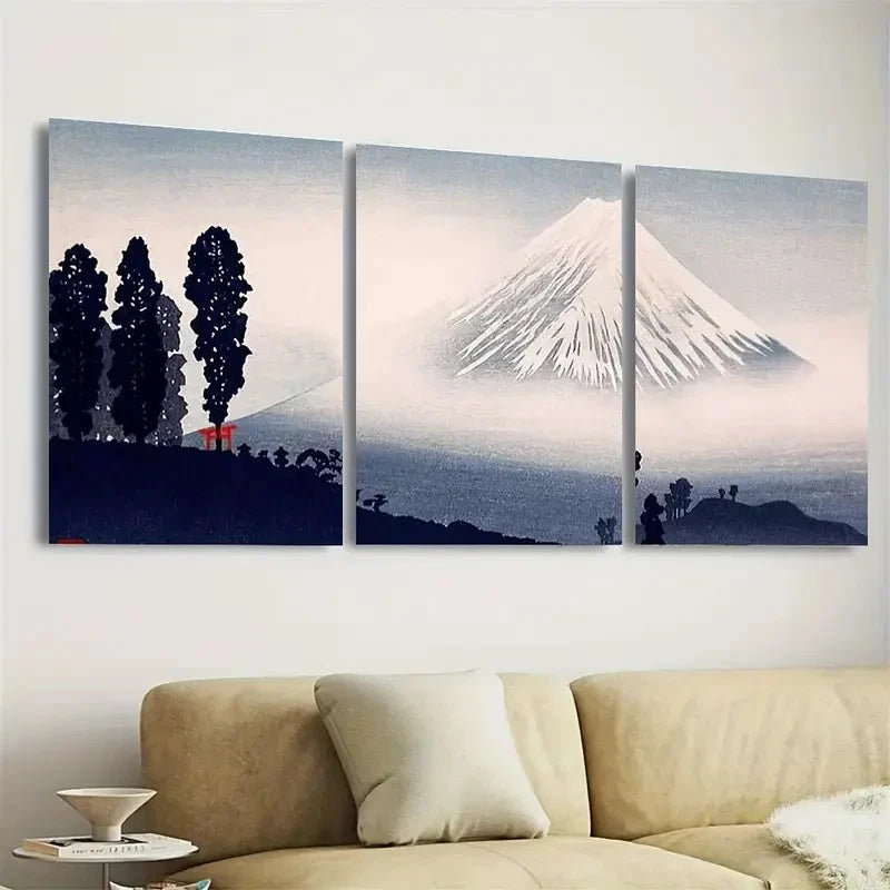3pcs Mount Fuji with Fog, Serene Japanese Wall Art Set Canvas Framed 50x70cm - High Quality Print 100% Australian Made Wall Canvas Ready to Hang